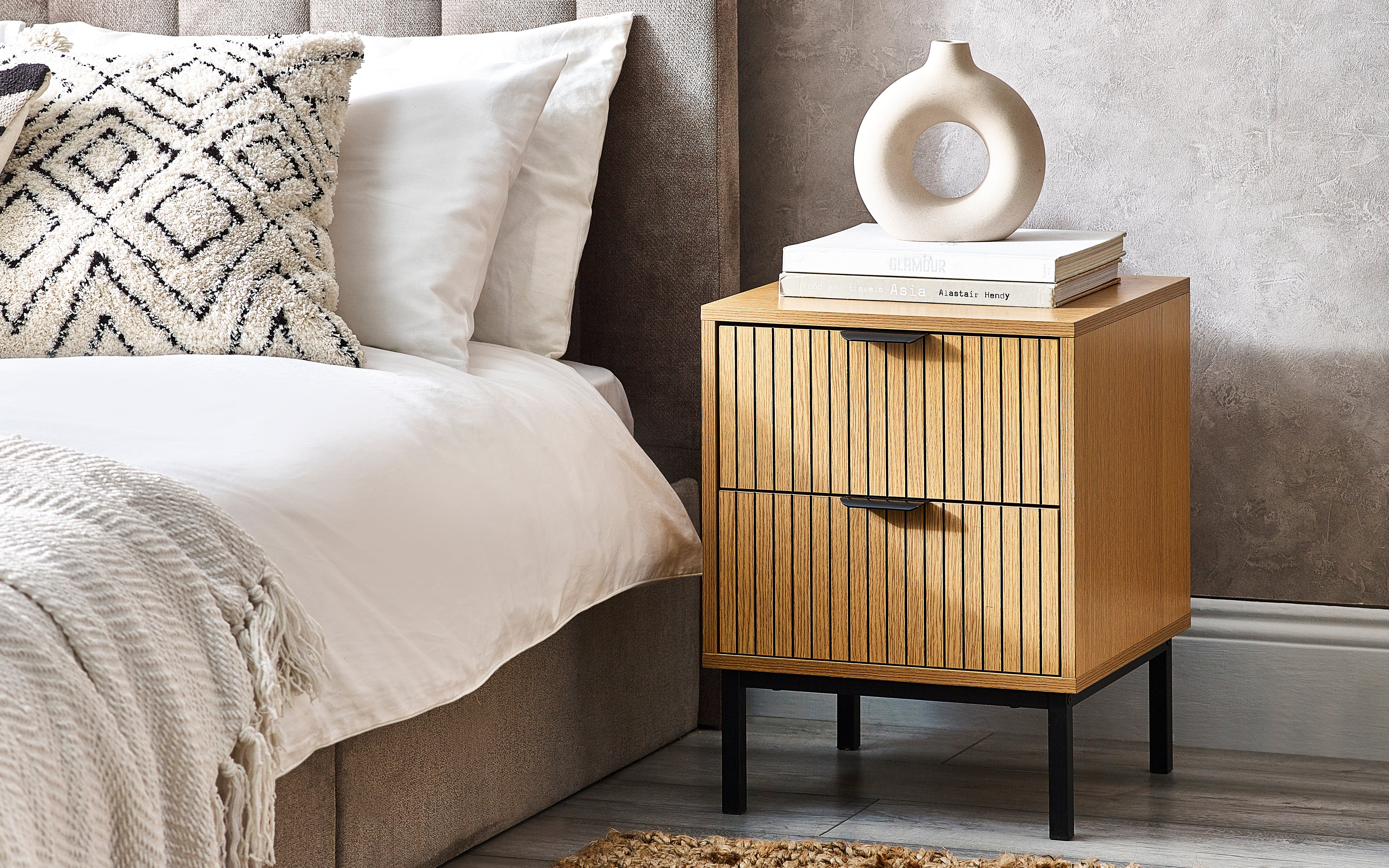 Arya Slatted Oak Wood Bedside Table | 2 Drawers
